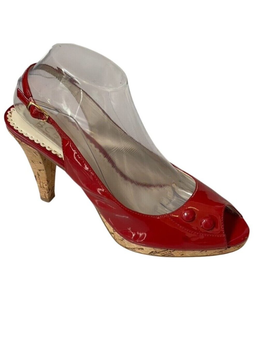 BCBG Paris Red Patent Leather Peep-Toe Slingback Heels With Cork Wedge Size 9B - Picture 12 of 12